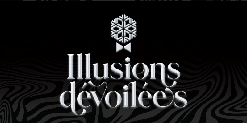 logo science nord et les mots « illusions dévoilées » en argent sur un fond noir et gris tourbillonnant