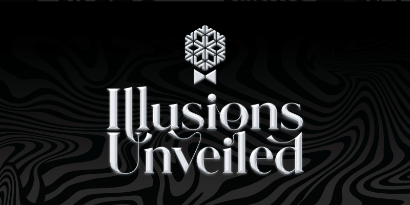 science north logo and the words 'illusions unveiled' in silver on a black and grey swirly background