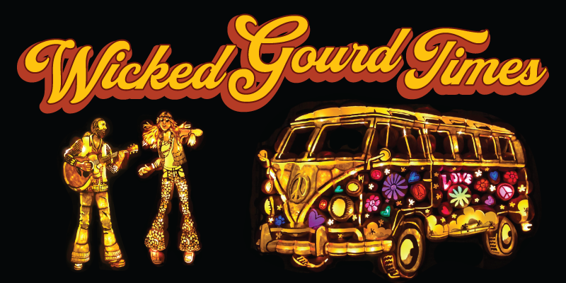 wicked gourd time — two hippies and a volkswagen hippie van made of pumpkins