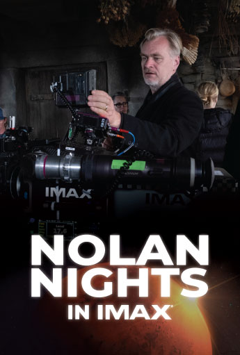 Promotional poster for Nolan Nights in IMAX showing a filmmaker operating a large IMAX camera on a film set, with event branding overlaid on the image.