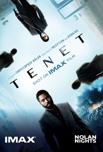 Tenet movie poster featuring multiple figures in business attire arranged at different angles in a stylized cityscape, with one figure in the foreground and the title TENET centered on the image.