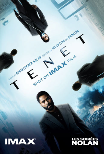 Affiche du film Tenet montrant plusieurs personnages en tenue d’affaires disposés à différents angles dans un paysage urbain stylisé, avec un personnage au premier plan et le titre TENET au centre de l’image.