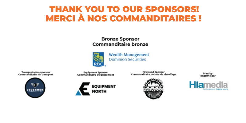 Graphique de remerciement aux commanditaires présentant les logos de RBC Gestion de patrimoine Dominion valeurs mobilières à titre de commanditaire bronze, ainsi que ceux de Lüschen Transportation, Equipment North, Bucking Firewood et Hiamedia sur un fond blanc.