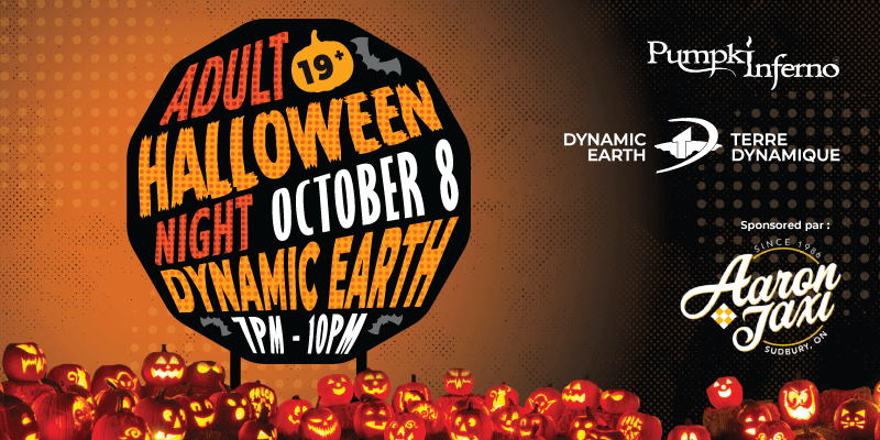 Promotional graphic for a 19+ Adult Halloween Night at Dynamic Earth on October 8, featuring illuminated carved pumpkins, event branding, and sponsor recognition for Aaron Yani against an orange Halloween-themed background.