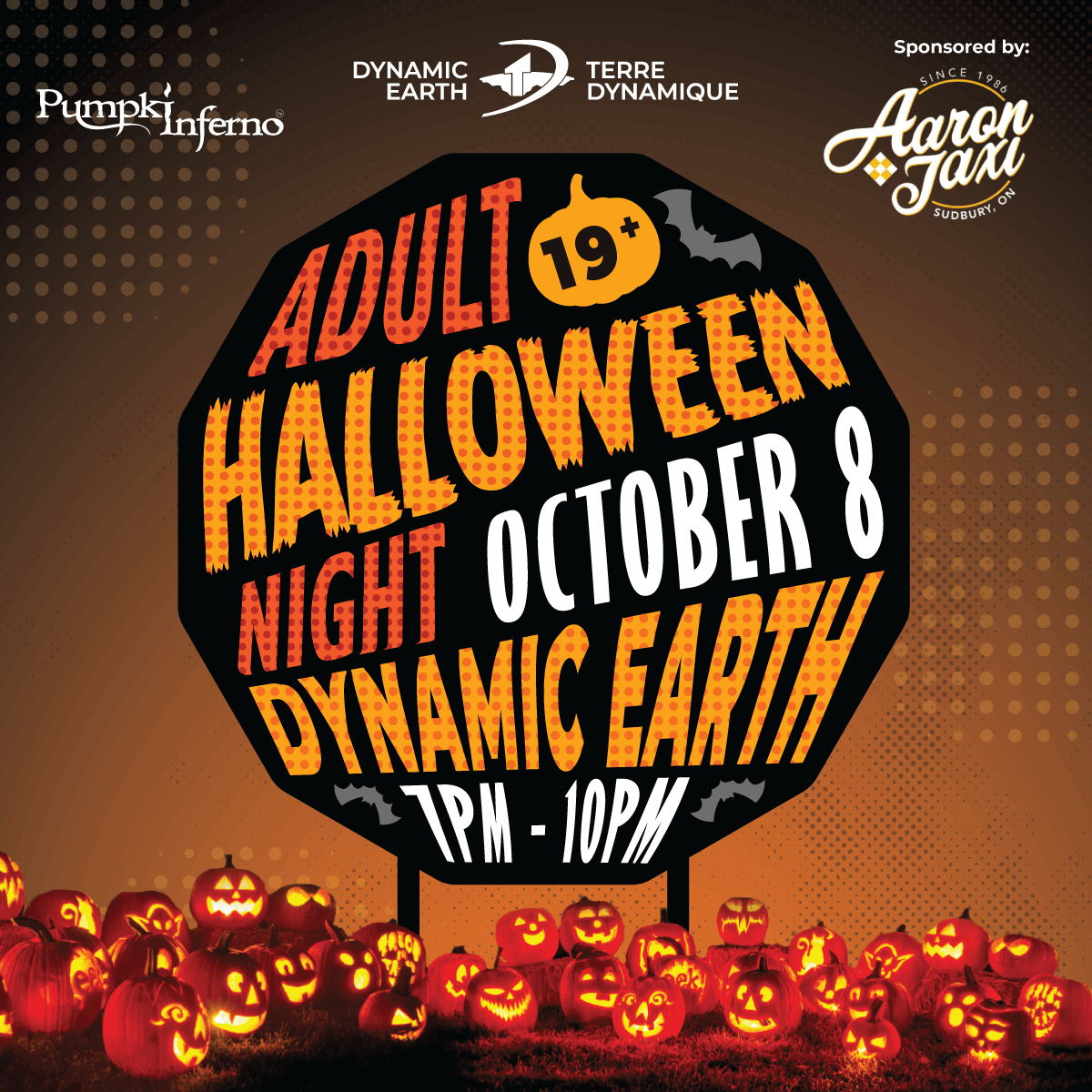 Promotional graphic for a 19+ Adult Halloween Night at Dynamic Earth on October 8, featuring illuminated carved pumpkins, bat silhouettes, and event details displayed on a large Halloween-themed sign.
