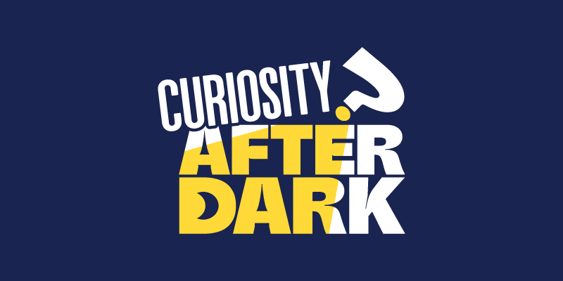 Curiosity After Dark logo featuring bold yellow and white text on a dark blue background, with a stylized question mark incorporated into the design.