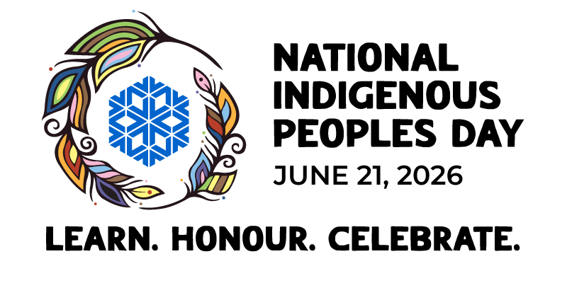 Promotional graphic for National Indigenous Peoples Day featuring a circular design of colourful leaves surrounding a central symbol, with text reading “National Indigenous Peoples Day, June 21, 2026” and “Learn. Honour. Celebrate.”