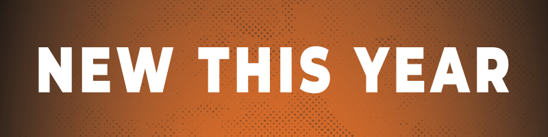 Promotional graphic with the text “NEW THIS YEAR” in large white letters on an orange gradient background with a subtle textured pattern.