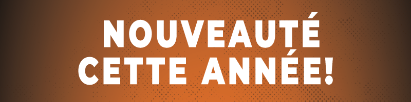 Graphique promotionnel affichant le texte « NOUVEAUTÉ CETTE ANNÉE ! » en grandes lettres blanches sur un fond dégradé orange avec un motif texturé discret.
