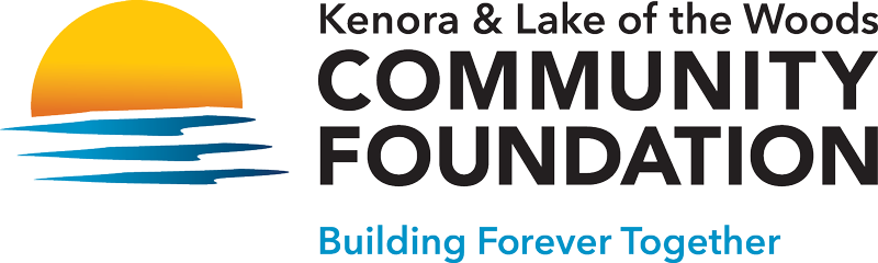 Logo for the Kenora & Lake of the Woods Community Foundation featuring a stylized yellow sun above blue water, accompanied by the text “Kenora & Lake of the Woods Community Foundation” and the tagline “Building Forever Together.”