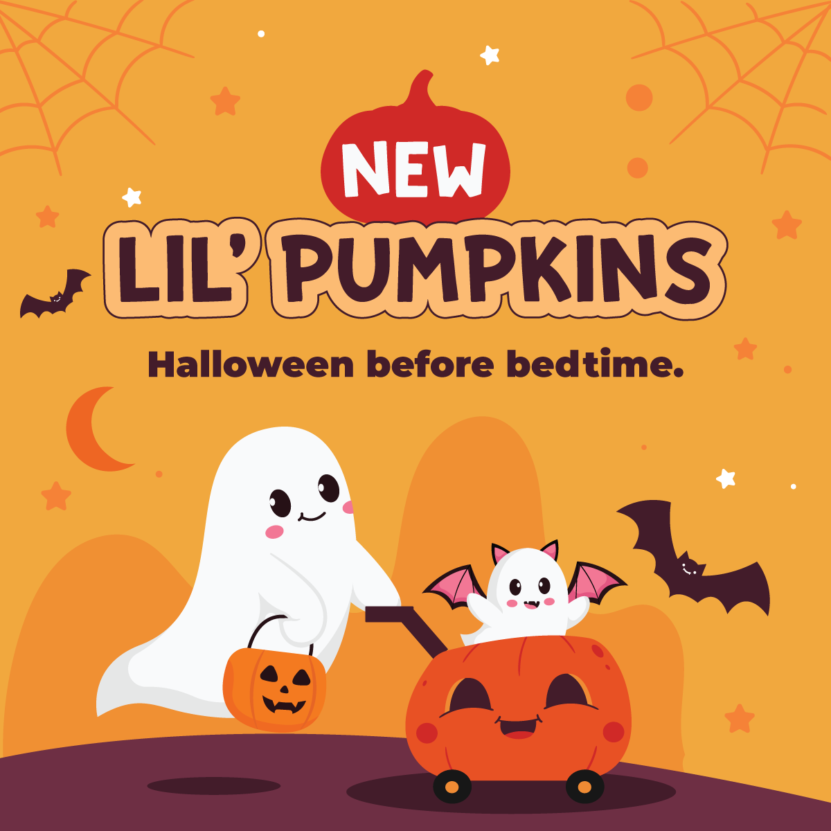 Promotional graphic for “New Lil’ Pumpkins: Halloween before bedtime,” featuring cartoon ghosts, bats, and a smiling pumpkin wagon on an orange Halloween-themed background.