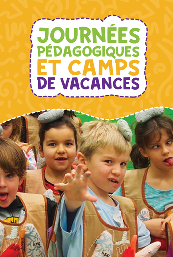 Graphique promotionnel des Journées pédagogiques et camps de vacances de Science Nord montrant un groupe d’enfants portant des costumes inspirés d’un camp, avec le titre « Journées pédagogiques et camps de vacances » sur un fond jaune vif.