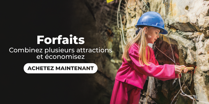 Large bannière avec un panneau dégradé foncé à gauche et une photo à droite. Le texte à gauche indique « Forfaits » et « Attractions groupées et économies », avec un bouton arrondi « ACHETER MAINTENANT » en dessous. À droite, un enfant portant un casque bleu et une veste rose vif utilise un petit marteau contre un mur rocheux, suggérant une activité minière ou géologique.