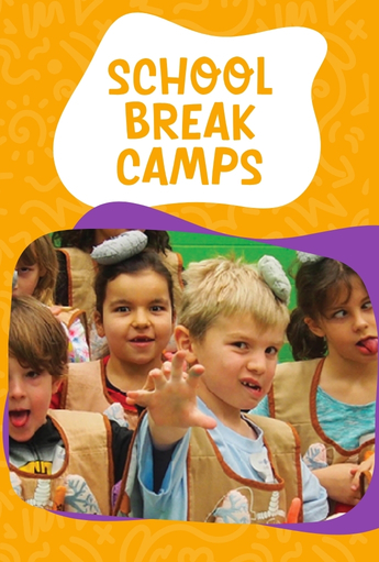 Promotional graphic for School Break Camps featuring a group of children in camp costumes posing playfully, with the text “School Break Camps” on a bright yellow and purple background.