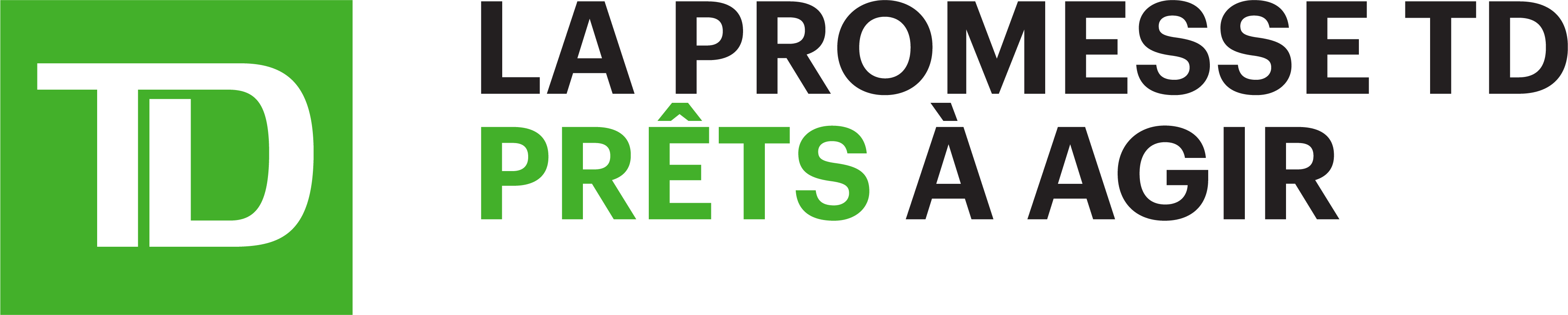 Signature visuelle de « La promesse TD Prêts à agir ». À gauche, un carré vert contient les lettres « TD » en blanc. À droite, le texte en majuscules indique « LA PROMESSE TD PRÊTS À AGIR », avec « PRÊTS » en vert vif et le reste en gris foncé/noir sur fond noir.