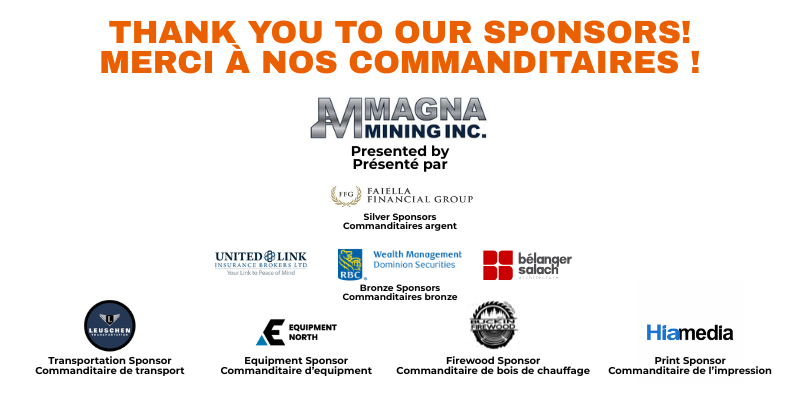 Graphique de remerciement aux commanditaires du tournoi de golf Sarrau bleu présentant Magna Mining Inc. à titre de commanditaire principal, Fairfield Financial Group à titre de commanditaire argent, ainsi que plusieurs autres logos de commanditaires sur fond blanc.