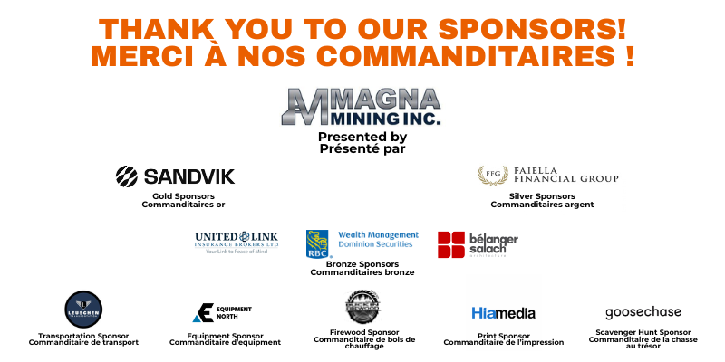 Sponsor recognition graphic thanking sponsors, featuring Magna Mining Inc. as Presenting Sponsor, Sandvik as Gold Sponsor, Fairfield Financial Group as Silver Sponsor, and additional sponsor logos including United Link Insurance Brokers, RBC Wealth Management Dominion Securities, Bélanger Salach, Lüschen Transportation, Equipment North, Hillywood Firewood, Hiamedia, and Goosechase on a white background.