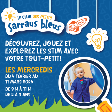 Affiche bleue du Lil’ Bluecoats Club avec des icônes (soleil, fusée, ampoule) et une photo de deux enfants en bas âge vêtus de manteaux bleus. Texte : « Découvrez, jouez et explorez les STEM avec votre enfant en bas âge ! » Les mercredis, du 4 février au 11 mars 2026, de 9 h à 11 h, pour les enfants âgés de 2 à 3 ans