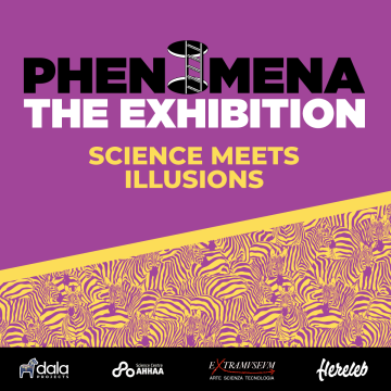 Purple promotional graphic for “Phenomena: The Exhibition” with the tagline “Science Meets Illusions,” featuring an optical-illusion ladder icon in the title and a yellow zebra-pattern band across the bottom; partner logos (Dala Projects, Science Centre AHHAA, Extramuseum, and Herelab) appear along the footer.