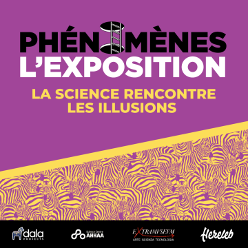 Visuel promotionnel violet pour « Phénomènes : l’exposition » avec le slogan « La science rencontre les illusions », une icône d’échelle d’illusion optique dans le titre et une bande jaune à motif zèbre au bas; logos des partenaires (Dala Projects, Science Centre AHHAA, Extramuseum et Herelab) dans le pied de page.