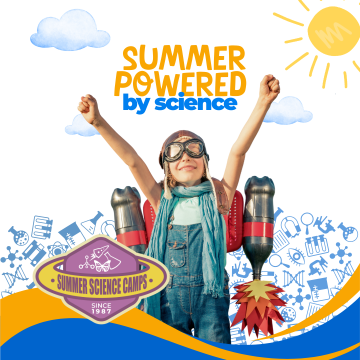 Square promotional graphic reading “SUMMER POWERED by science,” featuring a smiling child wearing aviator goggles and a scarf with arms raised and a toy jetpack; illustrated sun and clouds on a white background, science-themed icons along the bottom, and a “Summer Science Camps (Since 1987)” badge above blue and orange wave shapes.
