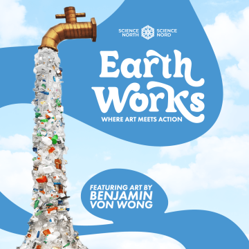 Promotional graphic for “Earth Works” showing a large brass tap pouring a vertical stream of plastic waste, including bottles and containers, against a blue sky background.