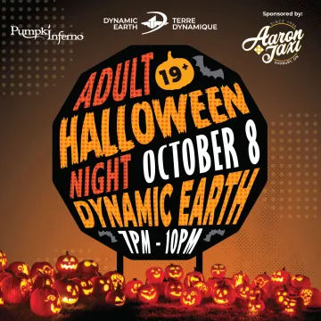 Promotional graphic for a 19+ Adult Halloween Night at Dynamic Earth on October 8, featuring illuminated carved pumpkins, bat silhouettes, and event details displayed on a large Halloween-themed sign.