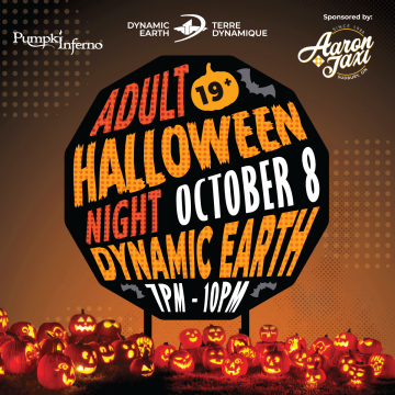 Promotional graphic for a 19+ Adult Halloween Night at Dynamic Earth on October 8, featuring illuminated carved pumpkins, bat silhouettes, and event details displayed on a large Halloween-themed sign.