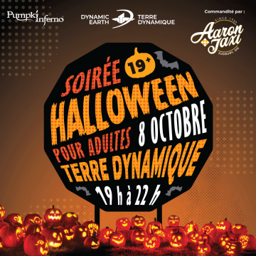 Graphique promotionnel pour la Soirée Halloween pour adultes (19+) à Terre Dynamique le 8 octobre, montrant des citrouilles sculptées illuminées, des silhouettes de chauves-souris et les renseignements de l’événement affichés sur une grande enseigne sur le thème de l’Halloween.