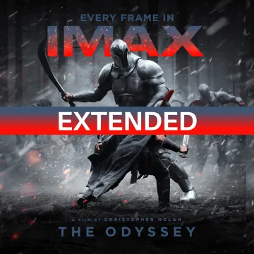 Promotional poster for Christopher Nolan’s The Odyssey in IMAX, showing an armoured warrior confronting a cloaked figure in a dramatic battle scene, with the text “Every Frame in IMAX” and an “Extended” banner across the centre.