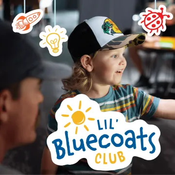 Promotional graphic for Lil’ Bluecoats Club featuring a child wearing a baseball cap and striped shirt, with illustrated science-themed icons including a rocket, light bulb, sun, and ladybug surrounding the image.