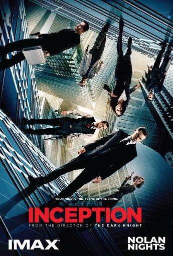 Inception movie poster showing people in business attire standing at impossible angles on glass skyscrapers in a distorted cityscape, with the title INCEPTION in large red letters.