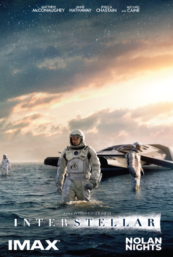 Interstellar movie poster showing astronauts standing in shallow water beside a futuristic spacecraft beneath a dramatic sky, with the title INTERSTELLAR and Nolan Nights branding.
