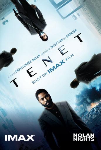 Tenet movie poster featuring multiple figures in business attire arranged at different angles in a stylized cityscape, with one figure in the foreground and the title TENET centered on the image.