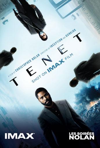 Affiche du film Tenet montrant plusieurs personnages en tenue d’affaires disposés à différents angles dans un paysage urbain stylisé, avec un personnage au premier plan et le titre TENET au centre de l’image.