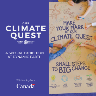 four hands holding pencil crayons and colouring different climate related things — earth, bicycle, clouds, etc. — on a big brown sheet of paper spread over a shared table