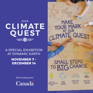 four hands holding pencil crayons and colouring different climate related things — earth, bicycle, clouds, etc. — on a big brown sheet of paper spread over a shared table