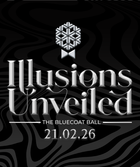 Black-and-grey promotional poster with a swirling, wavy optical-illusion background. At the top is a silver Science North snowflake icon above a small bow-tie graphic. Large metallic, stylized text reads “Illusions Unveilled.” Below, in smaller capitals, it says “THE BLUECOAT BALL,” and the date “21.02.26” appears at the bottom.