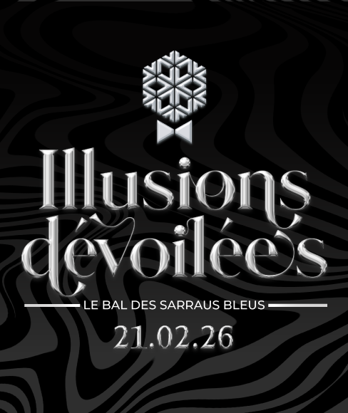 Affiche promotionnelle noir et gris avec un arrière-plan ondulé de type illusion d’optique. En haut, on voit l’icône argentée en forme de flocon de Science Nord au-dessus d’un petit nœud papillon. Le grand titre métallique indique « Illusions dévoilées ». En dessous, en plus petit, on lit « LE BAL DES SARRAUS BLEUS », puis la date « 21.02.26 » au bas de l’affiche.