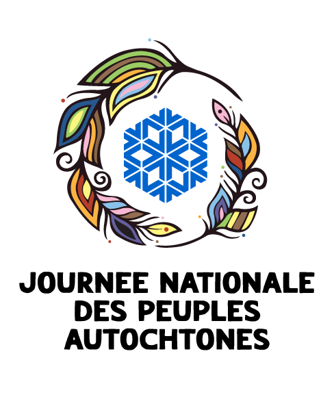 Graphique pour la Journée nationale des peuples autochtones montrant un motif circulaire de feuilles colorées autour d’un symbole géométrique bleu central, avec le texte « Journée nationale des peuples autochtones ».
