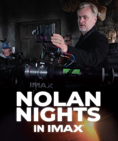 Promotional poster for Nolan Nights in IMAX showing a filmmaker operating a large IMAX camera on a film set, with event branding overlaid on the image.