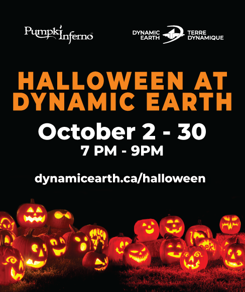 Promotional graphic for Halloween at Dynamic Earth featuring illuminated carved pumpkins on a dark background, with event dates October 2 to 30, operating hours of 7 p.m. to 9 p.m., and Halloween event branding.