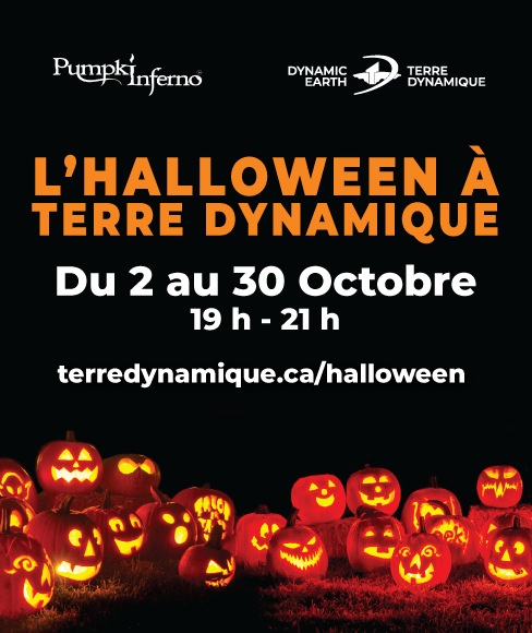 Graphique promotionnel de l’Halloween à Terre Dynamique montrant des citrouilles sculptées illuminées sur fond sombre, avec les dates de l’événement du 2 au 30 octobre, les heures d’ouverture de 19 h à 21 h et l’identité visuelle de l’événement.